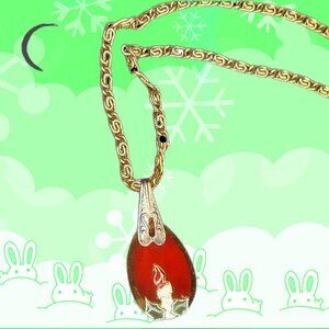 Christmas Necklace Red Glass Pendant OOAK Daint Made w/ Vintage Subtle Holiday